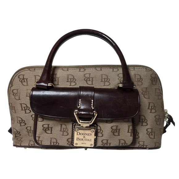 Dooney And Bourke Small Purse Bag Brown Signature Canvas Faux Leather Clasp - Picture 1 of 12